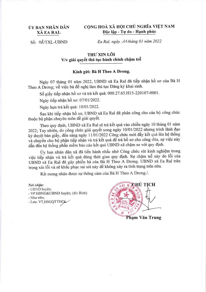 Thư xin lỗi vì giải quyết thủ tục hành chính trễ hạn của bà H Theo Adrrơng - Xã Ea Ral